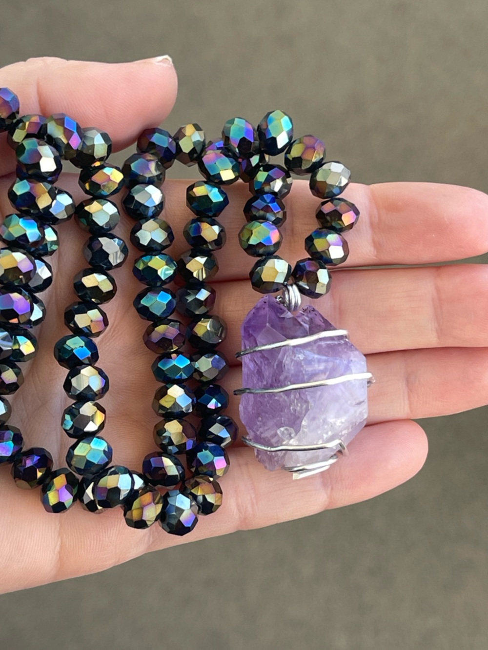 Amethyst Wire-Wrapped Pendant Necklace with Iridescent Glass Beads Handmade